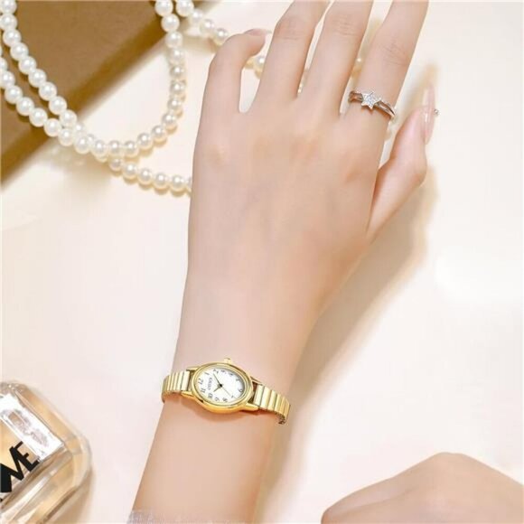 Gold Womens Watch Stretch Band Analog Quartz Water Resistant Easy Read Dial - Picture 5 of 7